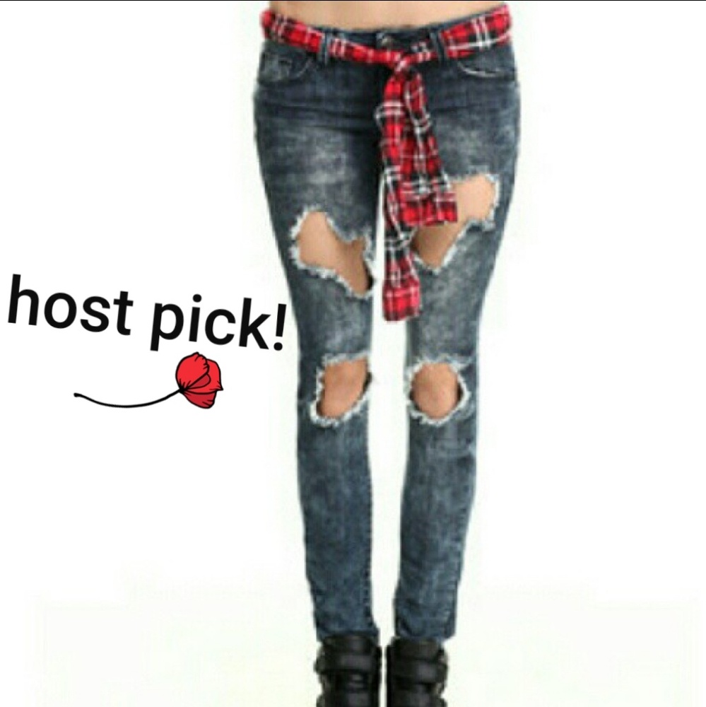 🔥Host Pick✔Ripped skinny jeans with plaid belt